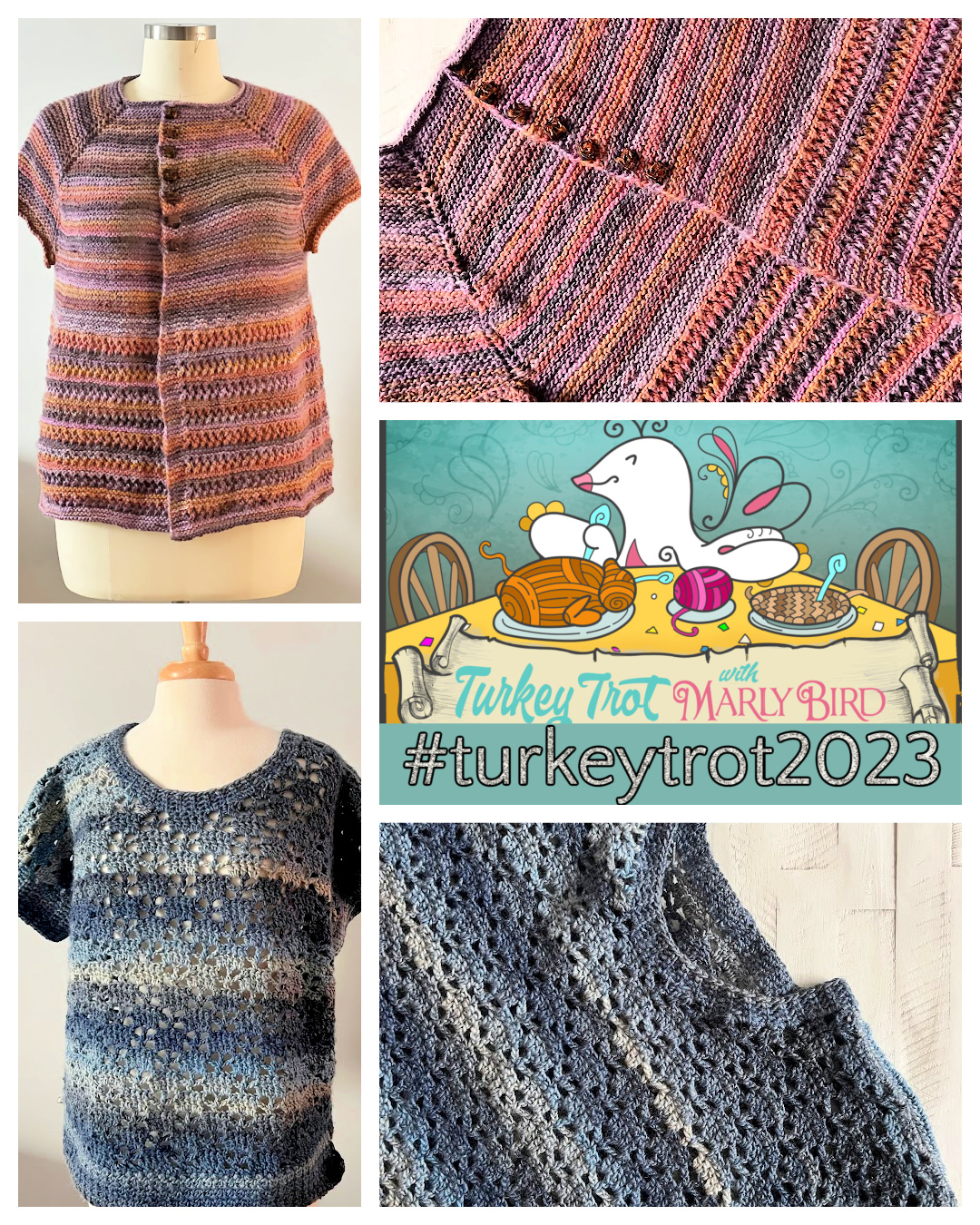 Collage for the Marly Bird Turkey Trot 2023 featuring the Trifle Crochet Sweater and Shoop Shoop Shoop Knit Cardigan. Top left: A mannequin displaying a buttoned knit cardigan in variegated shades of pink, purple, and orange. Top right: Close-up of the cardigan's textured stitch detail. Center: Promotional illustration with a playful polar bear and yarn on a dining table, with the text 'Turkey Trot with Marly Bird #turkeytrot2023.' Bottom left: A mannequin showcasing a blue ombre crochet sweater with short sleeves. Bottom right: Close-up of the crochet sweater's intricate stitch pattern.