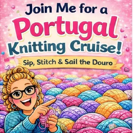 Smiling woman with glasses holds knitting needles, surrounded by colorful yarn balls, on a pink background.