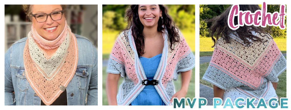 Three images showcasing a crochet shawl. Left: A person wearing the shawl draped as a cowl. Center: Styling it with a belt for game day. Right: Back view of the shawl. Text reads "Crochet MVP Package - Make-Along 2024. -Marly Bird