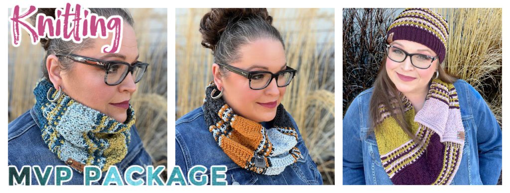 Three images showcase a person wearing knitted accessories: a light blue and brown scarf, a multicolored scarf with black accents, and a purple and mustard set with hat and scarf. Perfect for your game day look, this "Knitting MVP Package" makes for an exciting 2024 make-along project. -Marly Bird