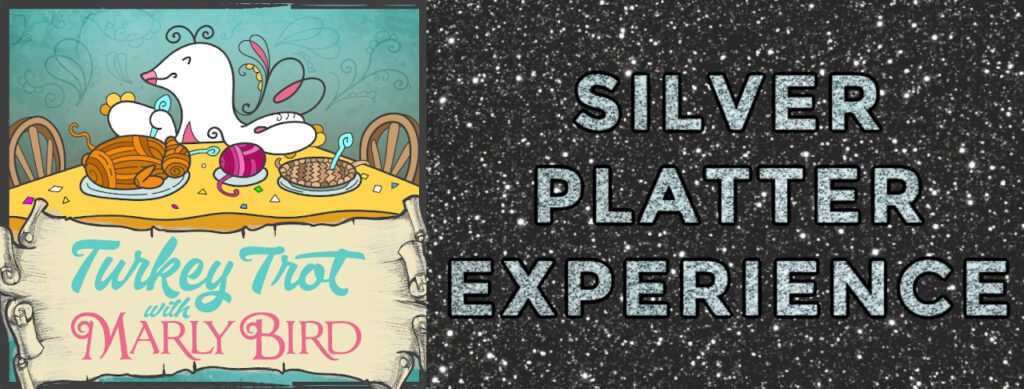 Promotional banner for the 'Turkey Trot with Marly Bird Silver Platter Experience.' The banner shows a whimsical illustration featuring a cartoon polar bear seated at a dining table with a platter of yarn balls and crochet accessories in place of food. The bear appears joyous, holding a crochet hook and yarn, ready to start crafting. The background is a festive turquoise with delicate swirl patterns, transitioning to a starry night sky design towards the right where 'Silver Platter Experience' is written in a bold, glittery font.