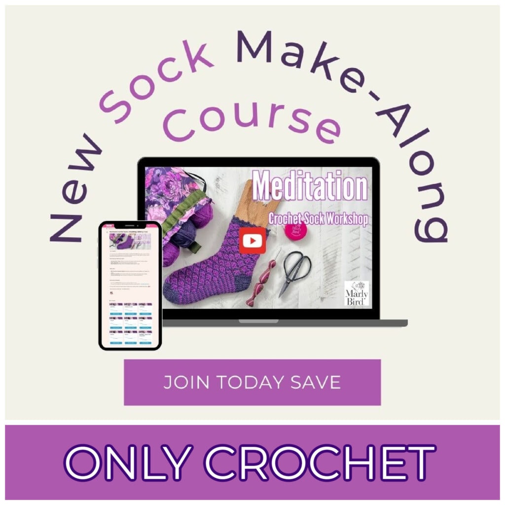 Join Marly Bird's "Meditation Crochet Sock Workshop" and treat your feet with our new 2024 Sock Make-Along course. Featuring convenient access via laptop and smartphone, you won't want to miss this chance to join today and save. Only crochet lovers need apply!. -Marly Bird