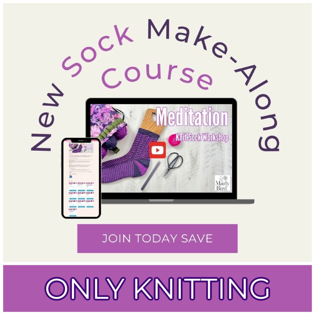 A promotional image for the 2024 Sock Make-Along course. A laptop and smartphone display knitting content, featuring purple socks, scissors, and a measuring tape. The text reads "Meditation Knit Sock Workshop" and "Treat Your Feet," with emphasis on "Only Knitting. Join Today Save. -Marly Bird