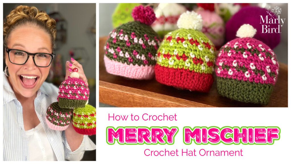 Merry Mischief free crochet hat ornament — colorwork holiday hat in red, green, and cream by Robyn Chachula