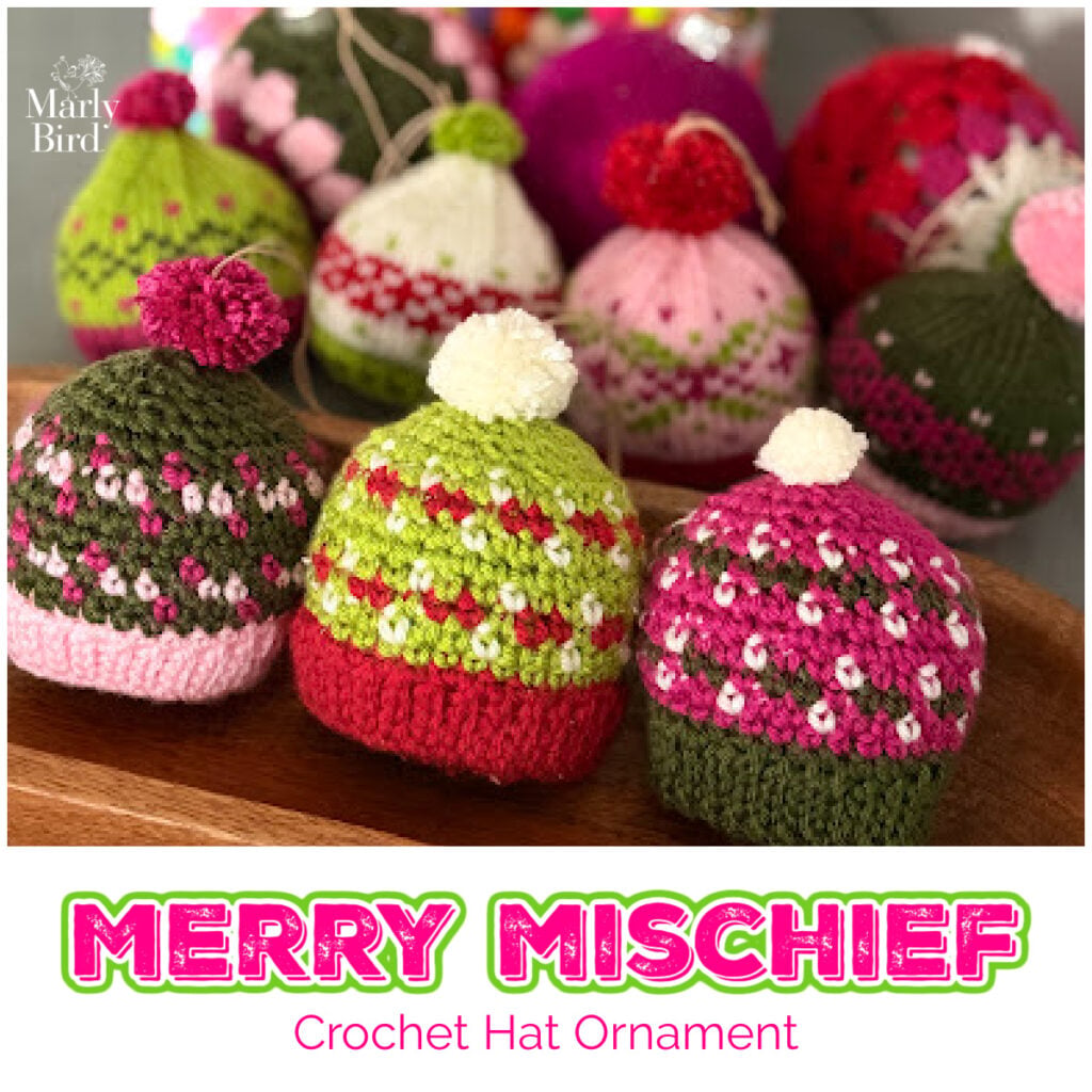 merry mischief crochet hat ornament in a variety of different colorways.