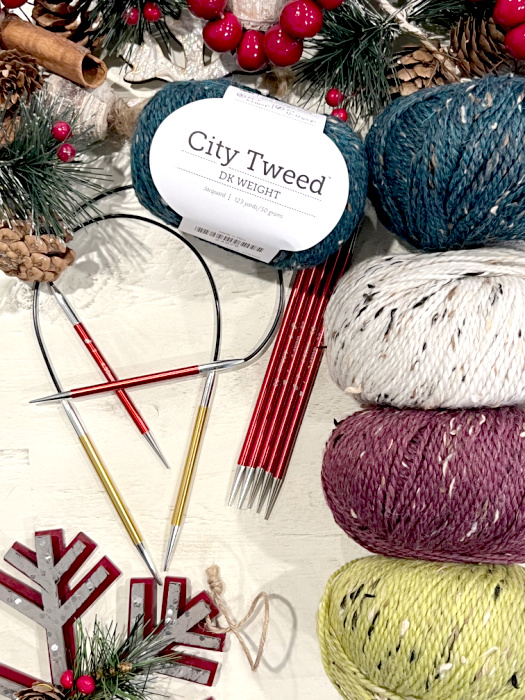 KnitPicks City Tweed DK weight yarn with knitting needles