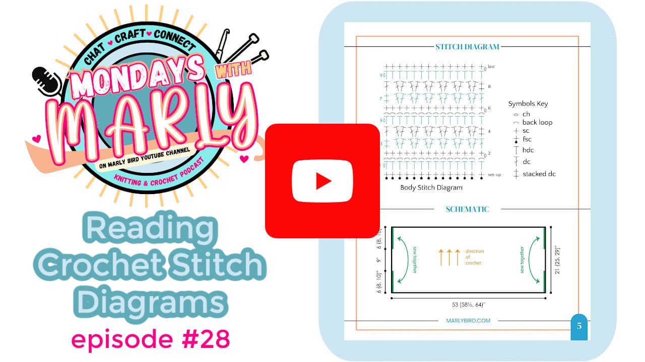 A promotional graphic for "Mondays with Marly" episode #28, featuring the topic "Reading Crochet Stitch Diagrams." The image shows the show’s colorful logo, a crochet stitch diagram, and a large YouTube play button. -Marly Bird