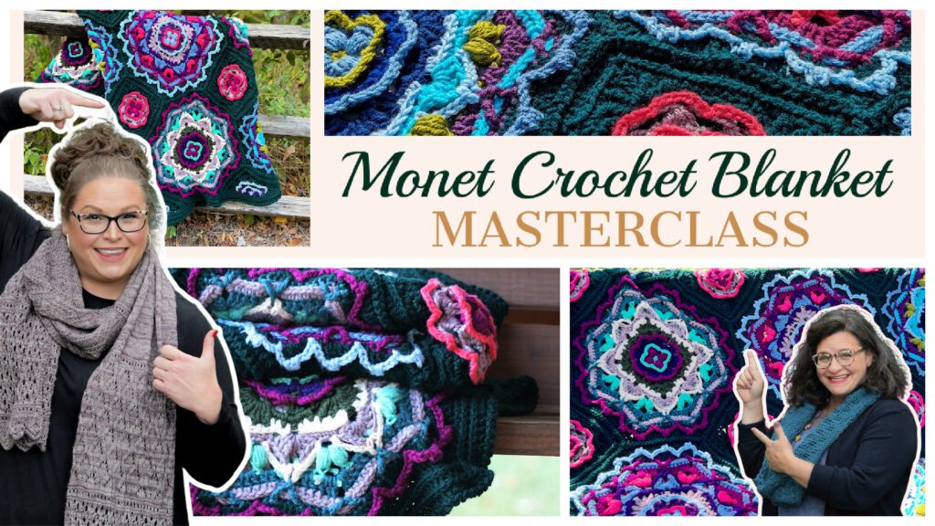 Collage of 4 images of the Monet Crochet Blanket, including Marly Bird and Robyn Chachula. Crochet blanket made from large crochet motifs in bright colors on dark blue/green background yarn. Monet Crochet Blanket Masterclass - Marly Bird
