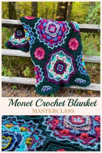 A colorful crocheted blanket with Monet-inspired designs from a crochet masterclass drapes over a wooden fence in a forest, with detailed close-up views of intricate stitch patterns below. -Marly Bird