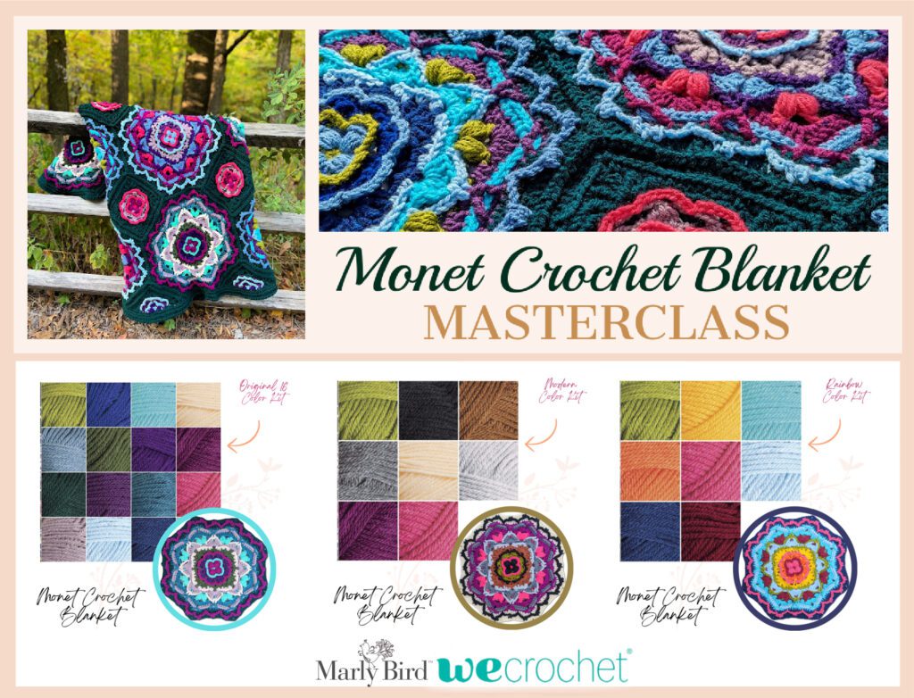 Monet Crochet Blanket Masterclass - 3 different kit colorways shown below the class image. Original 16 colors, Modern 8 colors, Rainbow 8 colors - Marly Bird and WeCrochet Kit
