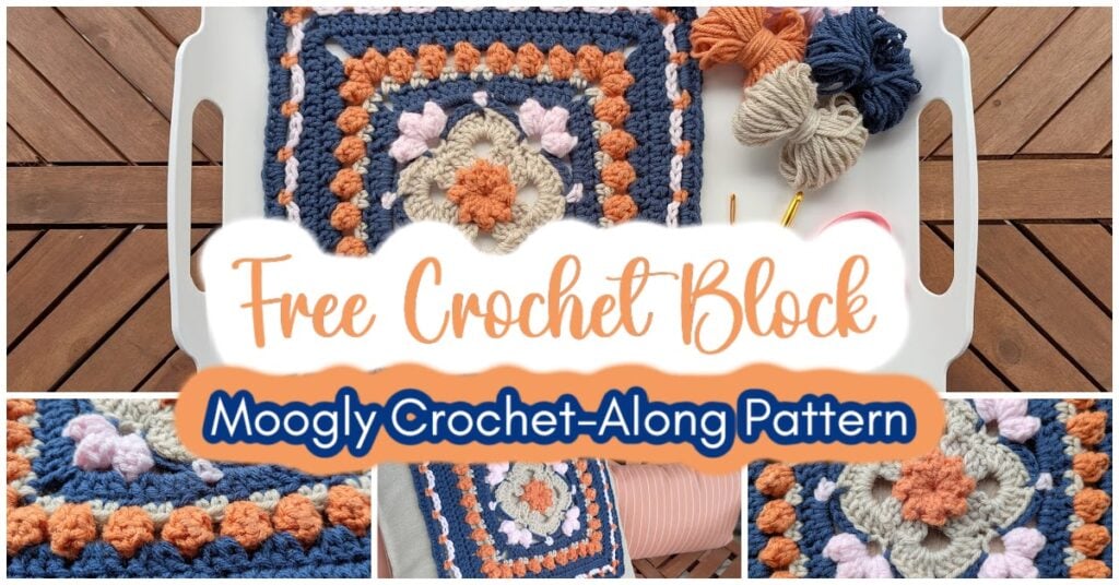 A multicolored crocheted square in blue, orange, beige, and pink—featuring the Sweetcorn Motif crochet block—with yarn balls and hooks nearby. Text reads: "Free Crochet Block – Moogly Crochet-Along Pattern." Wooden surface background. -Marly Bird