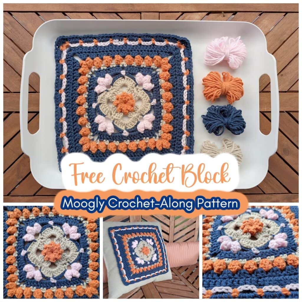 A Sweetcorn Motif crochet block in blue, orange, beige, and pink is displayed on a white tray with matching yarn bundles. Close-up shots and a pillow featuring the block are shown. Text reads: "Free Crochet Block Moogly Crochet-Along Pattern. -Marly Bird