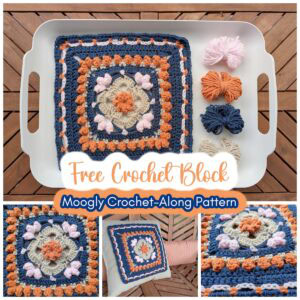 A crocheted square in blue, orange, beige, and pink yarn shows detailed stitches on a white tray next to matching yarn bundles.