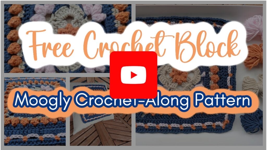 A YouTube video thumbnail featuring text that reads "Free Crochet Block" and "Moogly Crochet-Along Pattern," with images of colorful Sweetcorn Motif crochet block squares in blue, peach, and cream tones in the background. -Marly Bird