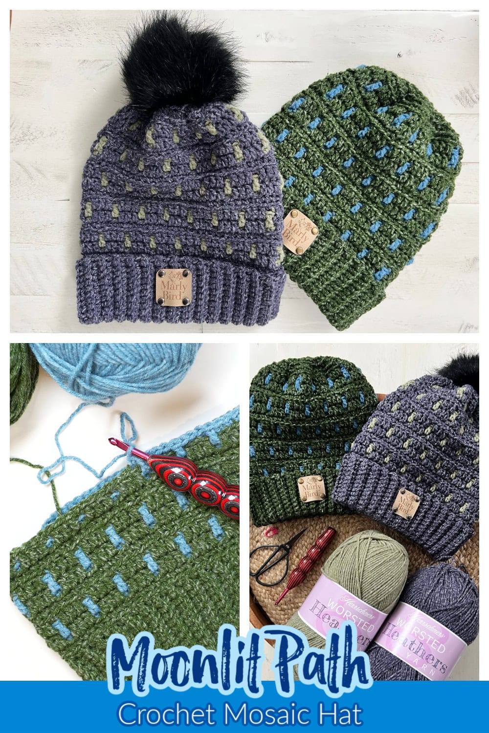 A cozy collage of crochet hats: a gray hat with black pom-pom and tan label, and a green hat, both featuring blue accents. Colorful yarn balls, crochet hooks, and a work-in-progress piece complete the scene. Text reads: "Moonlit Path Crochet Mosaic Hat. -Marly Bird