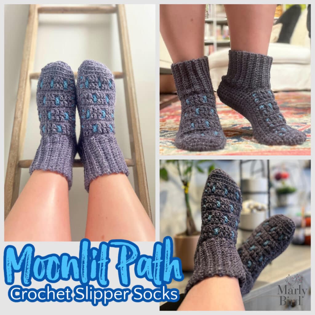 Collage showcasing gray crochet slipper socks with blue mosaic accents. Top left: feet resting on a ladder. Top right: feet standing indoors. Bottom right: legs crossed in cozy setting. Text: "Moonlit Path Crochet Slipper Socks" featuring Marly Bird's logo. -Marly Bird