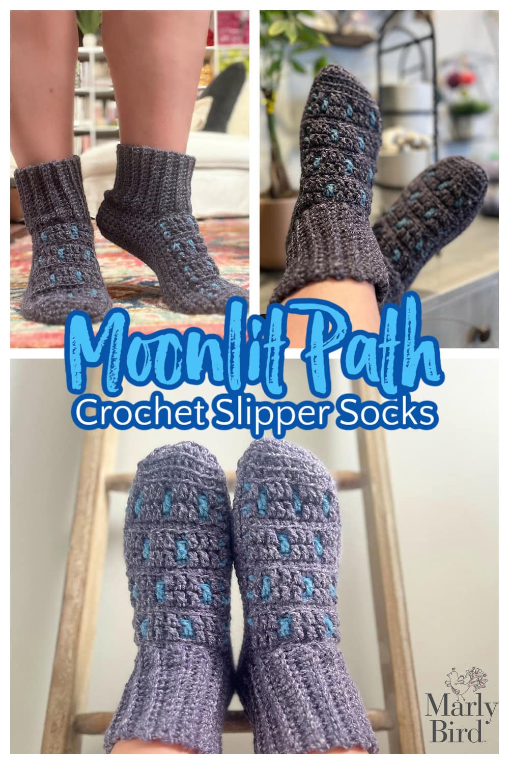 Collage of cozy gray crochet slipper socks with blue accents. Top left: socks worn by a person standing. Top right: colorful socks on a footrest. Bottom: person lounging with feet propped up. Text: "Moonlit Path Crochet Slipper Socks" and "Marly Bird. -Marly Bird