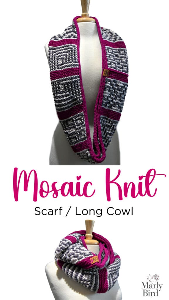 A knitted scarf/long cowl in a mosaic pattern with burgundy, gray, and white colors is draped on a mannequin, showcasing its intricate design. The text "Mosaic Knit Scarf/Long Cowl" and "Marly Bird" appears prominently. Discover the charm of this free mosaic knit scarf pattern today! -Marly Bird