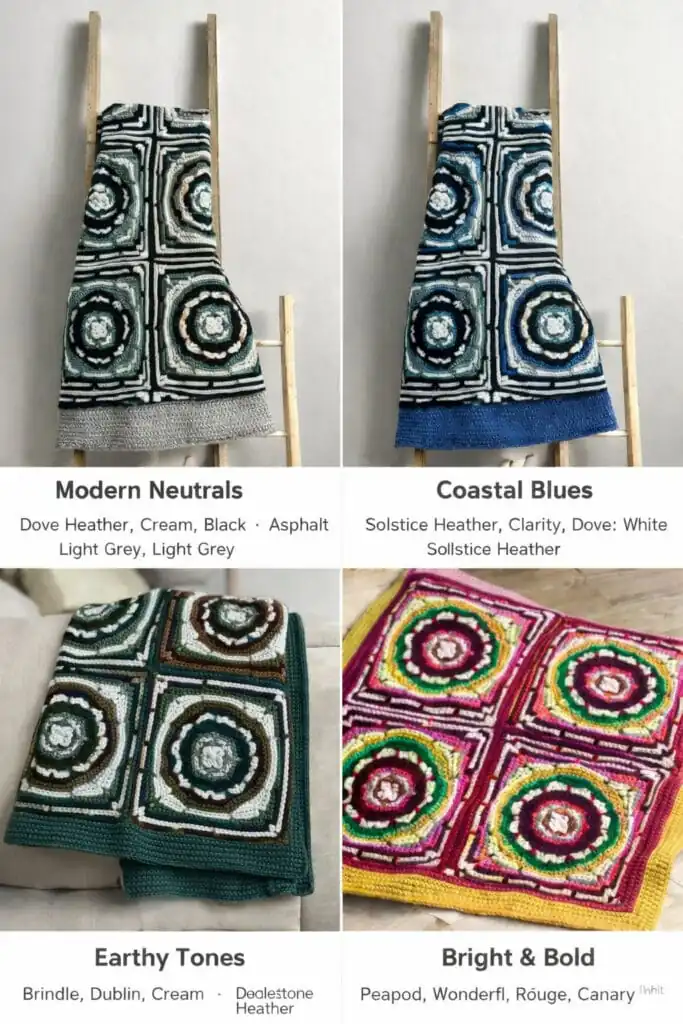 Four crocheted blankets, each with a geometric square pattern in different color palettes: neutrals, blues, earthy greens, and bold brights. Each blanket is displayed on a chair or flat surface. -Marly Bird
