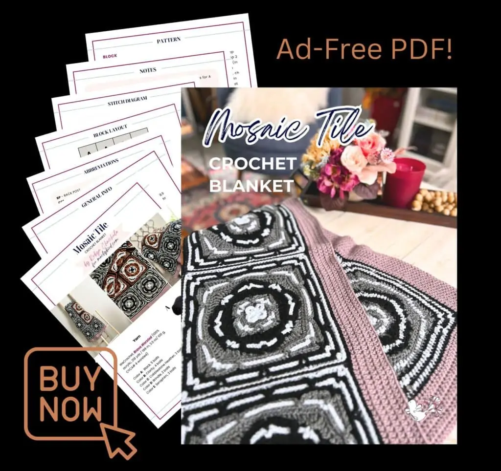 Image promoting an ad-free PDF crochet pattern for a mosaic tile blanket. It shows detailed pattern pages and a finished black, white, and gray blanket, with "BUY NOW" and a mouse cursor icon in the corner. -Marly Bird