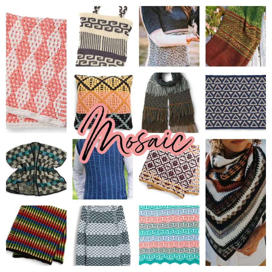 Mosaic knitting patterns - links to patterns included within blog post.