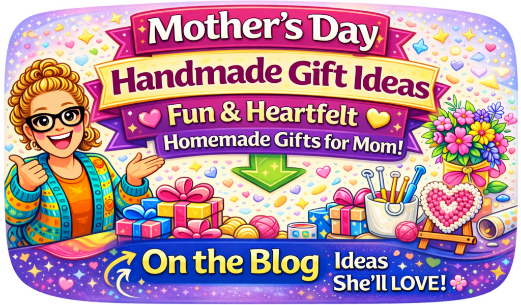 Smiling woman with glasses, surrounded by yarn, craft tools, and a heart-shaped knit gift for Mother’s Day.