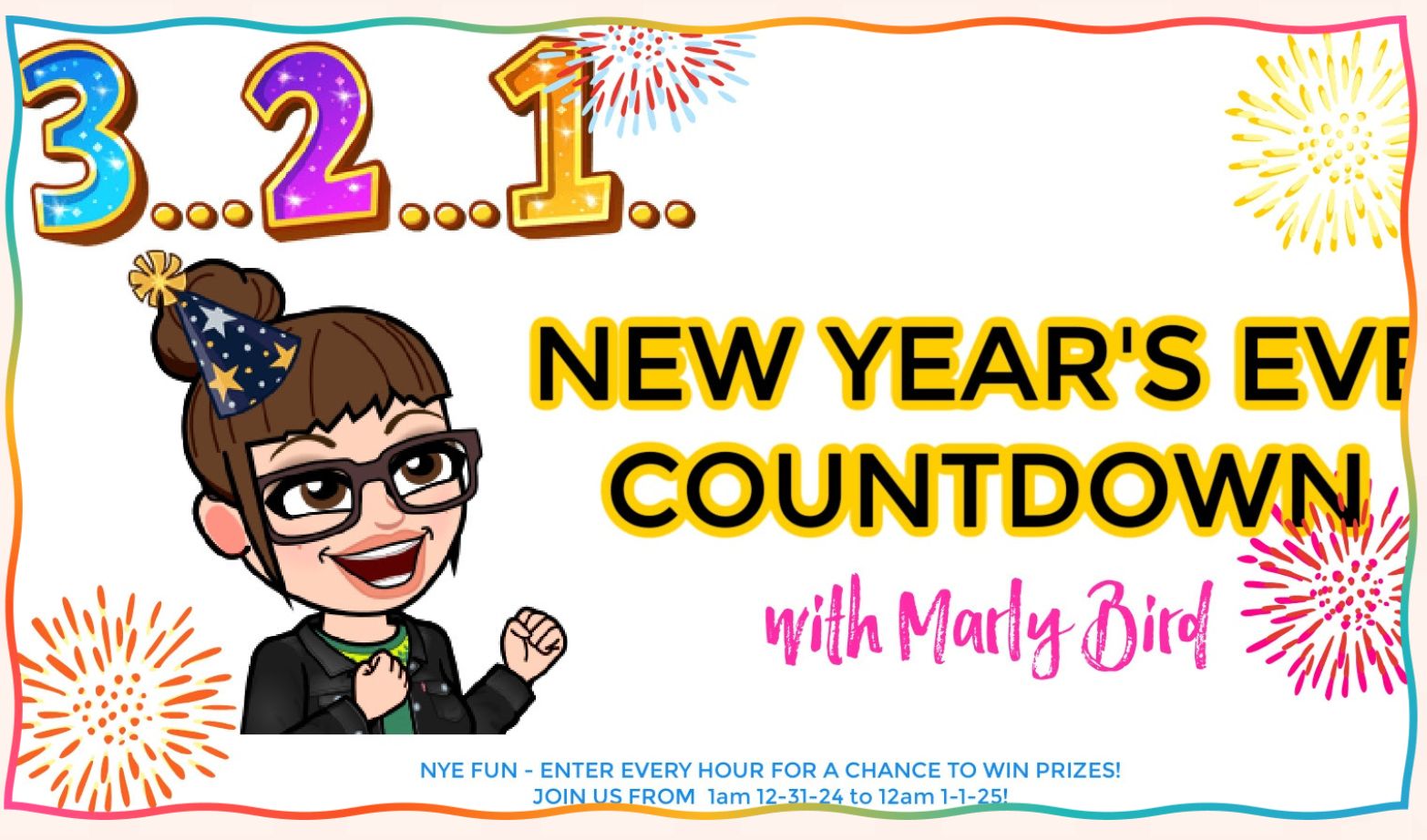 Illustration of a cartoon woman in glasses and a party hat, celebrating the "New Year's Eve Countdown" with Marly Bird amid festive decorations. Text: "3...2...1... Countdown to fun! Join Marly for NYE festivities - enter every hour for a chance to win prizes!. -Marly Bird