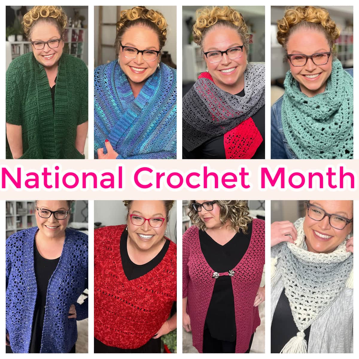 A vibrant collage showcases a person in diverse crochet garments—shawls, cardigans in green, blue, gray, red, maroon—with "NatCroMo" elegantly emblazoned at the center to celebrate National Crochet Month. -Marly Bird