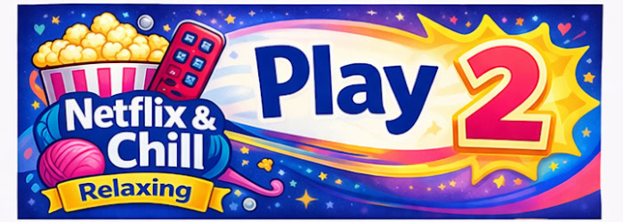 Banner with popcorn, remote, and knitting supplies for Tournament of Stitches 2026, bold text and a colorful starry background.