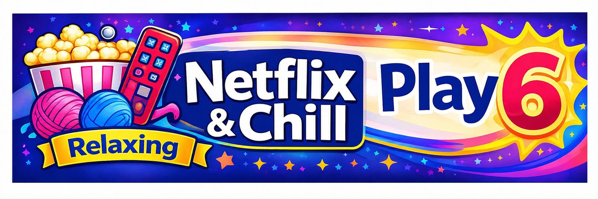 Banner shows yarn balls, popcorn, and a remote on a bright background; theme suggests relaxing leisure craft projects.