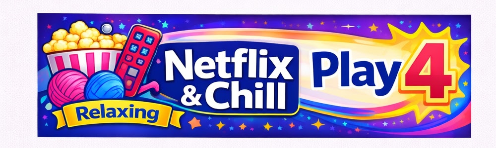 Crochet yarn and popcorn sit beside a remote on a vibrant, star-patterned background, highlighting relaxing craft time.