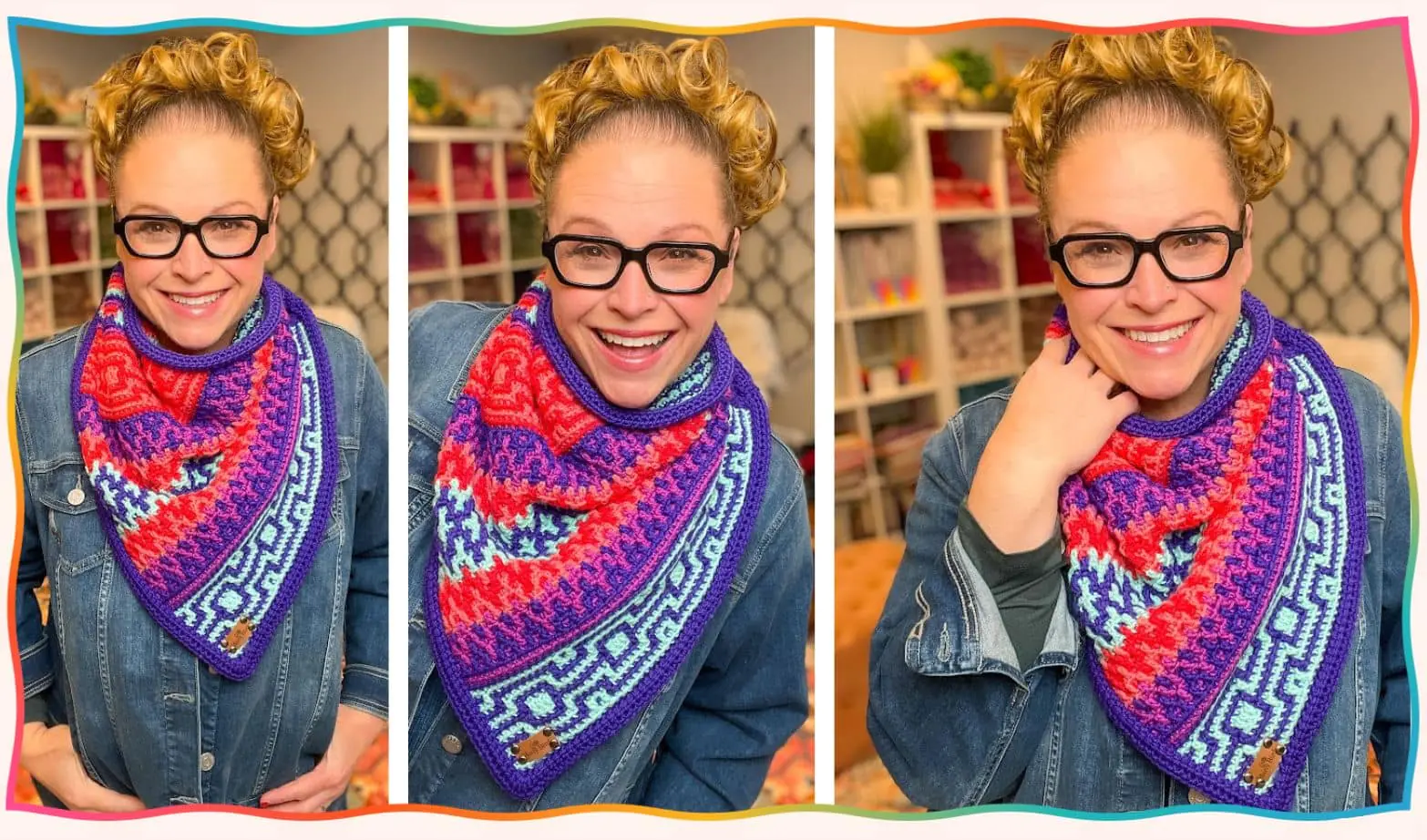 Woman wearing the New Beginnings Crochet Bandana Cowl pattern by Marly Bird, a colorful triangular crochet cowl with textured stitches and bold contrast border.