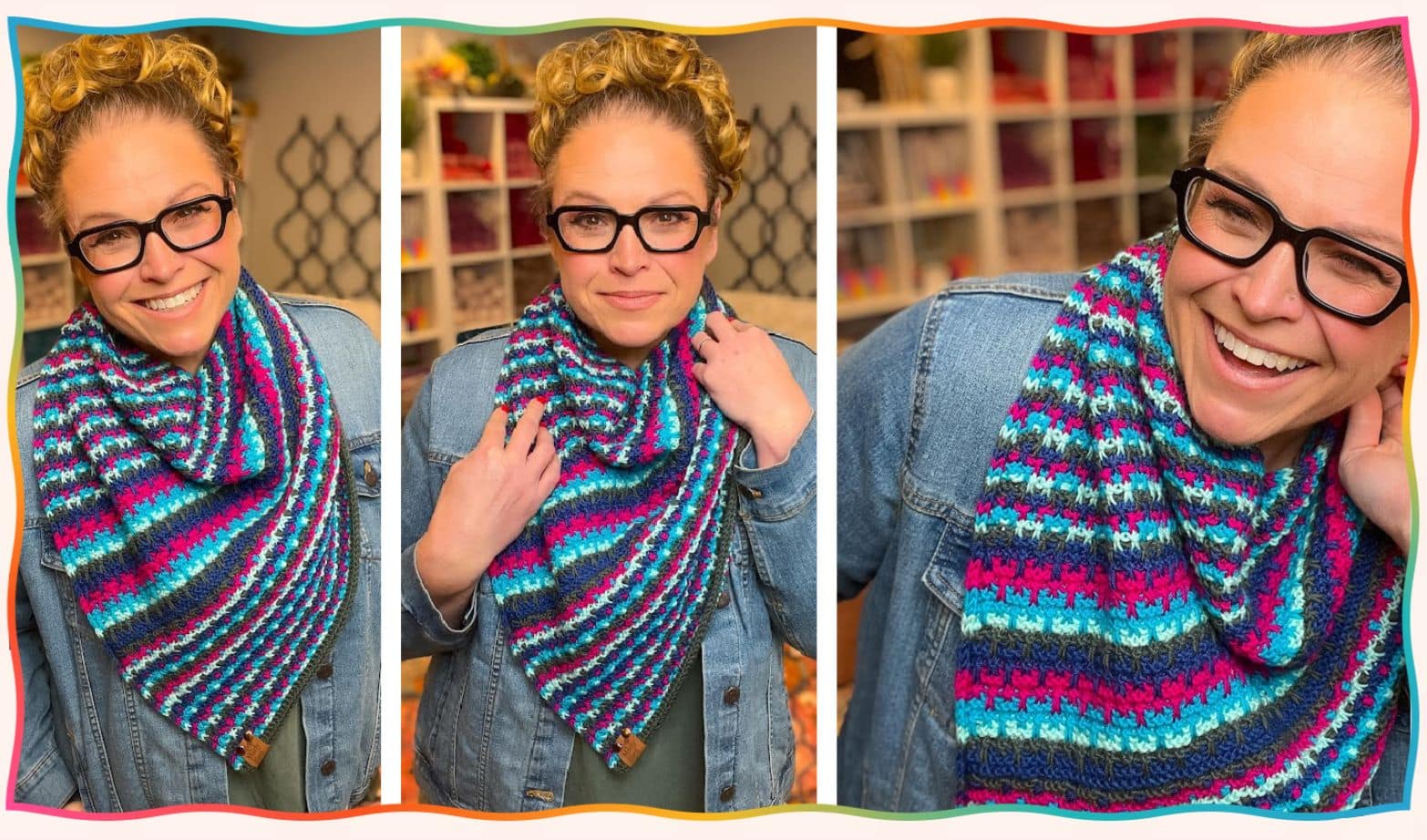 Woman wearing the New Beginnings Knit Bandana Cowl pattern by Marly Bird, featuring colorful striped knit texture and triangular bandana shape.
