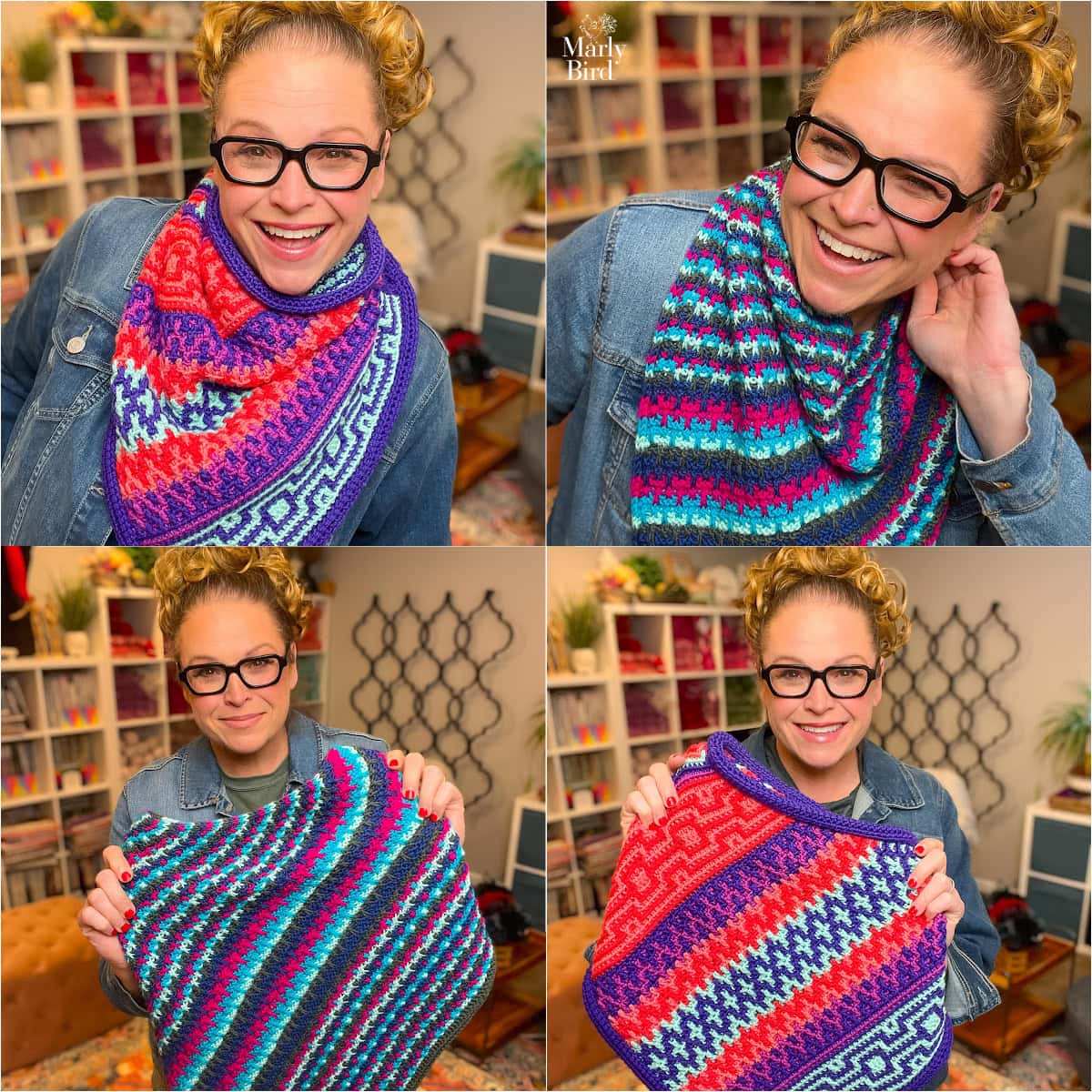 Woman models a colorful geometric knit shawl, showing off stitch detail; yarn shelves and decor in the background.