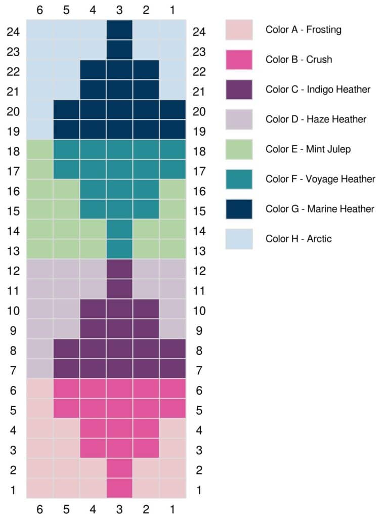 A color-coded knitting chart for the Northern Gleam Hat features a symmetrical, abstract knit colorwork pattern and a key for eight yarn colors labeled A to H, arranged from rows 1 to 24 and columns 1 to 6. -Marly Bird