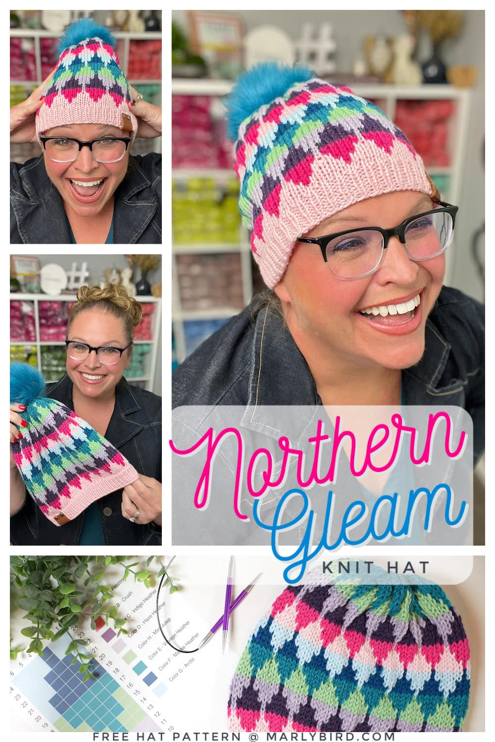A smiling woman models a colorful knit hat with a blue pom-pom, featuring a pink base and diamond pattern. Yarn and knitting supplies are visible in the background. Text reads "Northern Gleam: One-day colorwork knit hat pattern. -Marly Bird