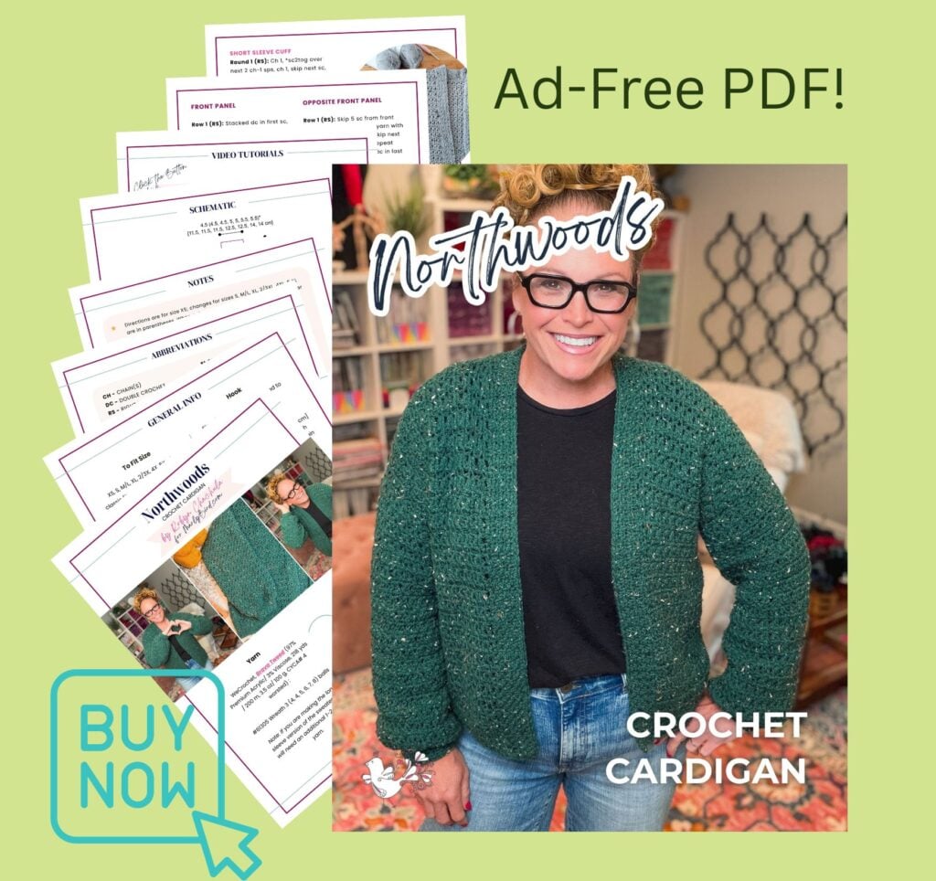 Woman models a green crochet cardigan with visible textured stitches; sample pattern pages shown to the side.