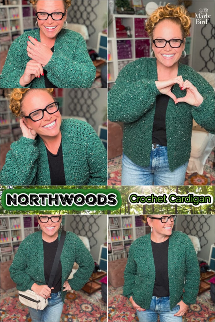 A woman models a green crochet cardigan with textured stitches, in a craft-filled room; "NORTHWOODS Crochet Cardigan" text at bottom.