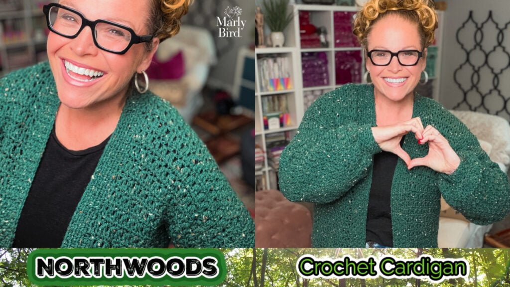 Marly Bird models a green crochet cardigan with textured stitches; one close-up, one shot of her forming a heart with her hands. Northwoods Crochet Cardigan in WeCrochet Brava Tweed Stratus, free size-inclusive crochet cardigan pattern by Robyn Chachula