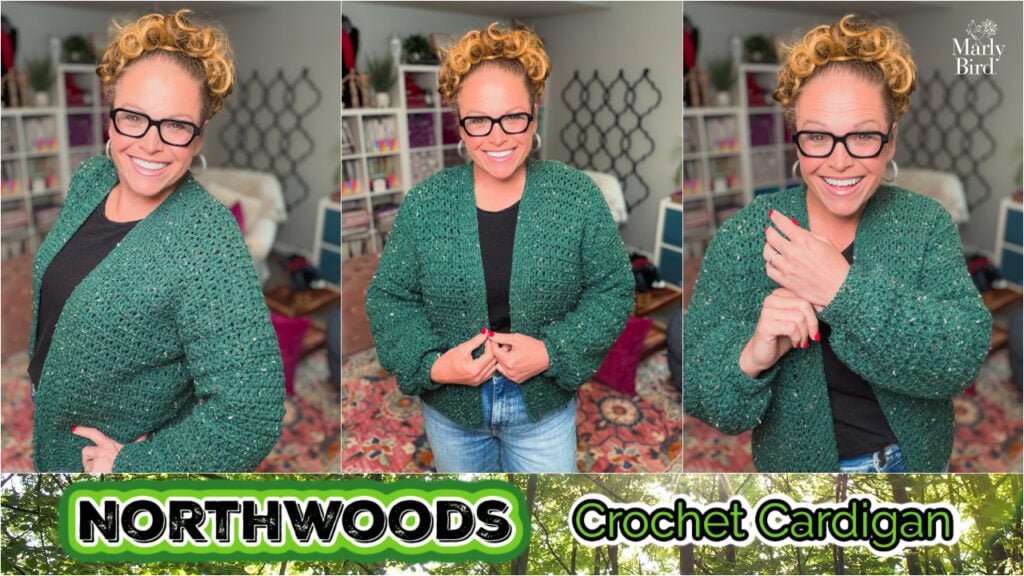 A green crochet cardigan with visible textured stitches is modeled in three poses; project name: NORTHWOODS Crochet Cardigan.