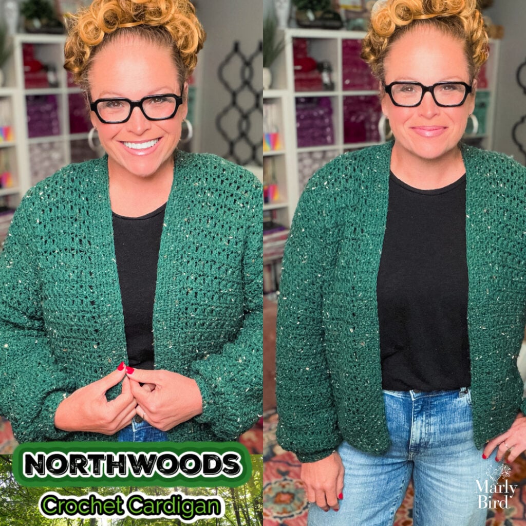 A woman models a green crochet cardigan with visible textured stitching; shelves of colorful yarn in the background.