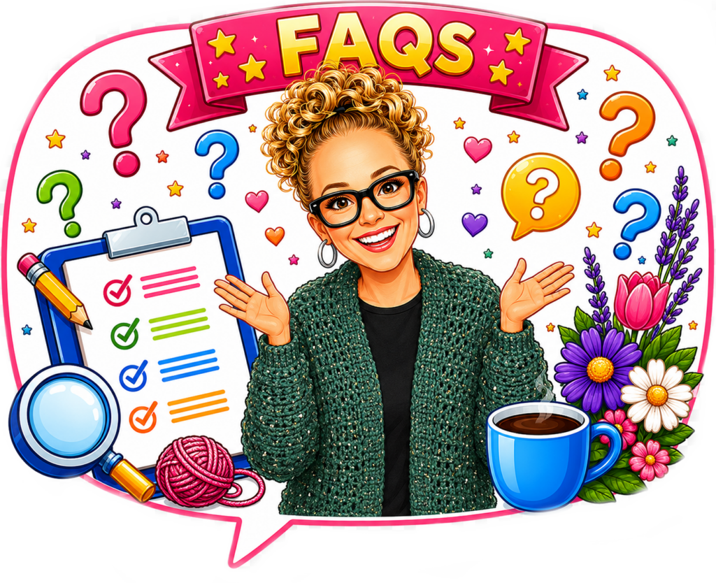 A woman shrugs near yarn and tools for a crochet cardigan project, with flowers and craft icons in the background.