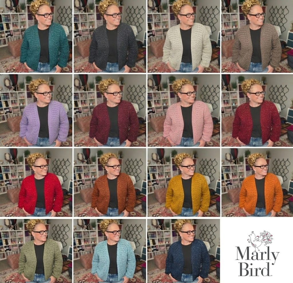 A woman displays a crochet cardigan in fifteen colors, showing stitch detail and fit, standing before bookshelves.