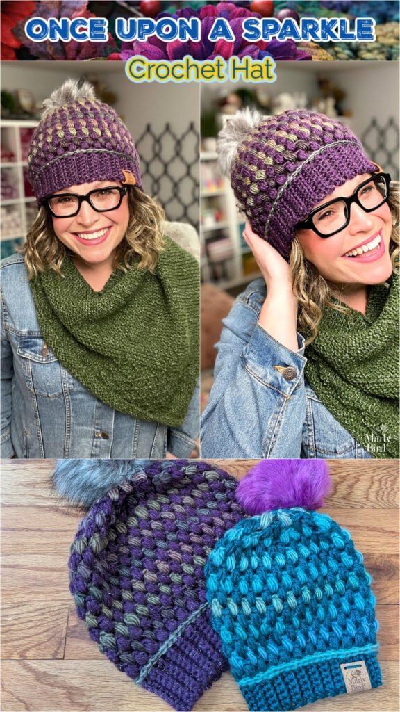 A woman in glasses models a puff stitch crochet hat with pom-pom and green scarf; two finished hats are displayed on wood.