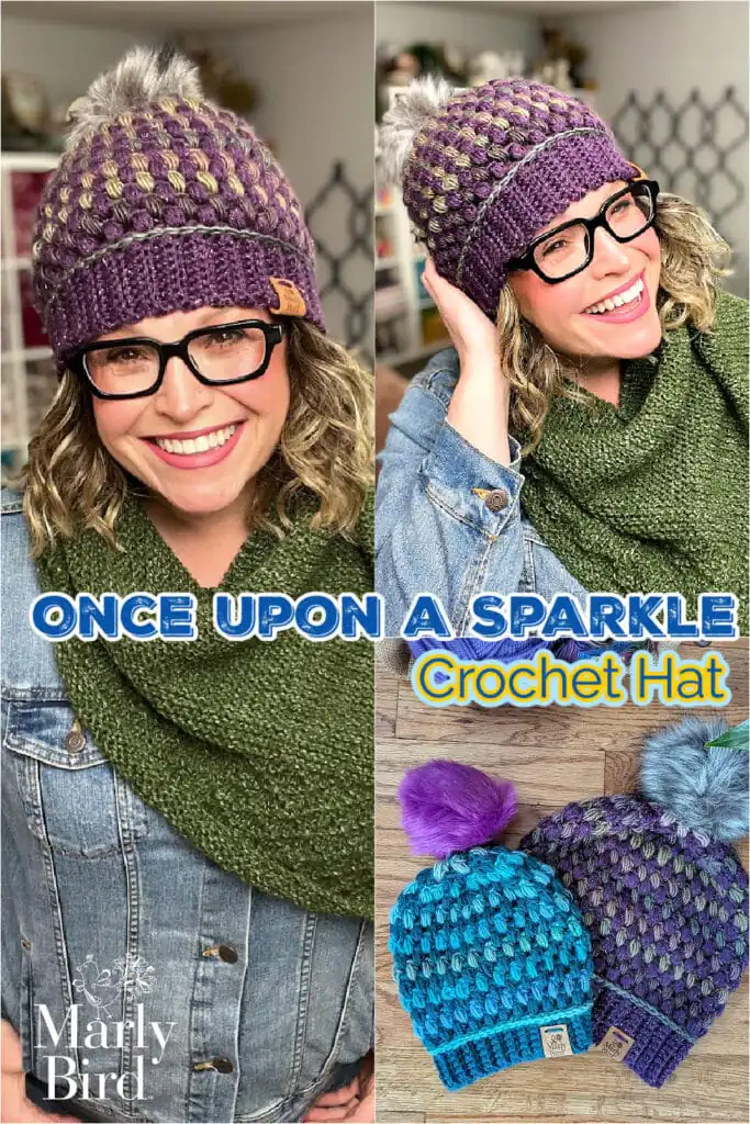 Smiling woman wears a purple puff stitch crochet hat with pom-pom; below, two more colorful pom-pom crochet hats are shown.