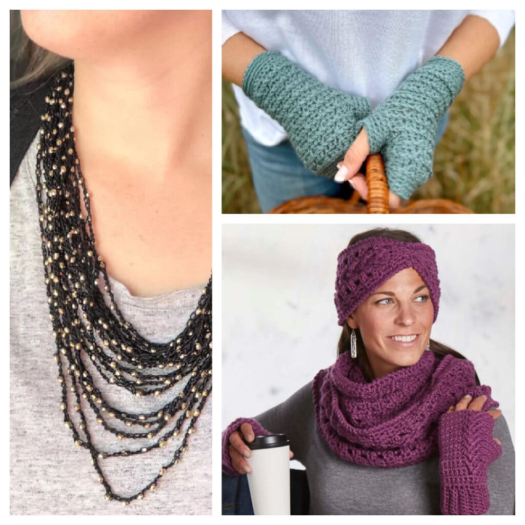 Collage of knitted and crocheted accessories: Left shows a black beaded neckpiece over a gray top. Top right displays teal fingerless gloves holding a basket. Bottom right features a woman in a purple knit headband, scarf, and fingerless gloves. -Marly Bird