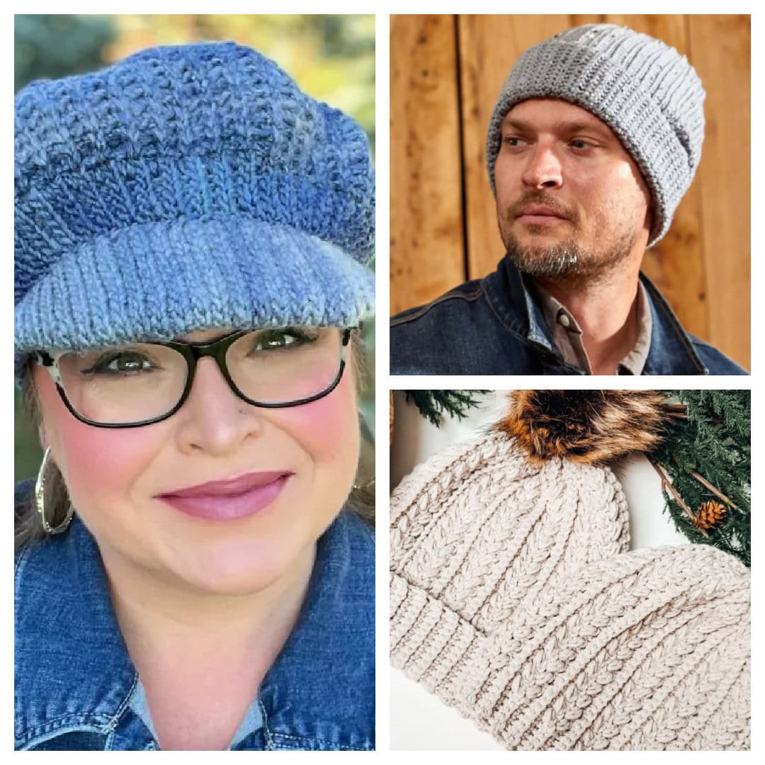 Collage of two people wearing knit hats. One woman with a blue beret and glasses, and one man with a gray beanie. Below them, two beige knit hats with faux fur pom-poms are displayed on a rustic background. -Marly Bird