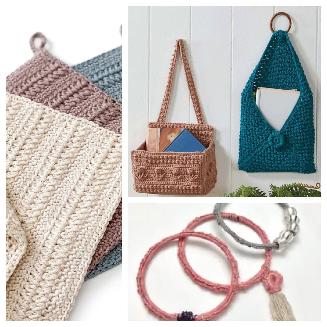 A collage of crochet items: three folded bags in beige, pink, and blue; two hanging bags, one in pink holding a book and one in teal with floral detail; and three round bracelets in pink, gray, and crimson. -Marly Bird