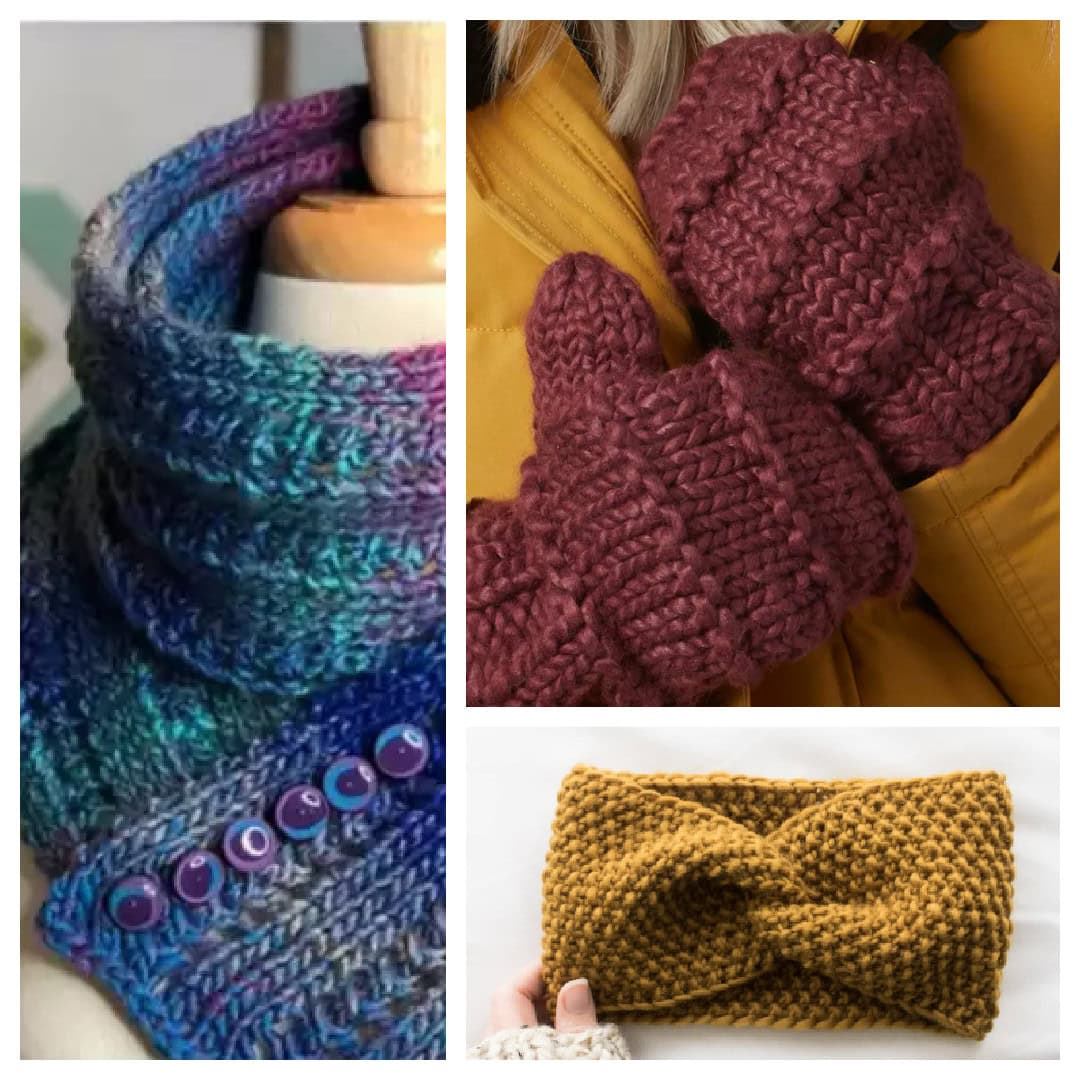 Collage of knitted accessories: a multicolored neck warmer with buttons, a pair of burgundy mittens, and a mustard yellow headband with a twisted design. Each piece features a distinct knit pattern. -Marly Bird