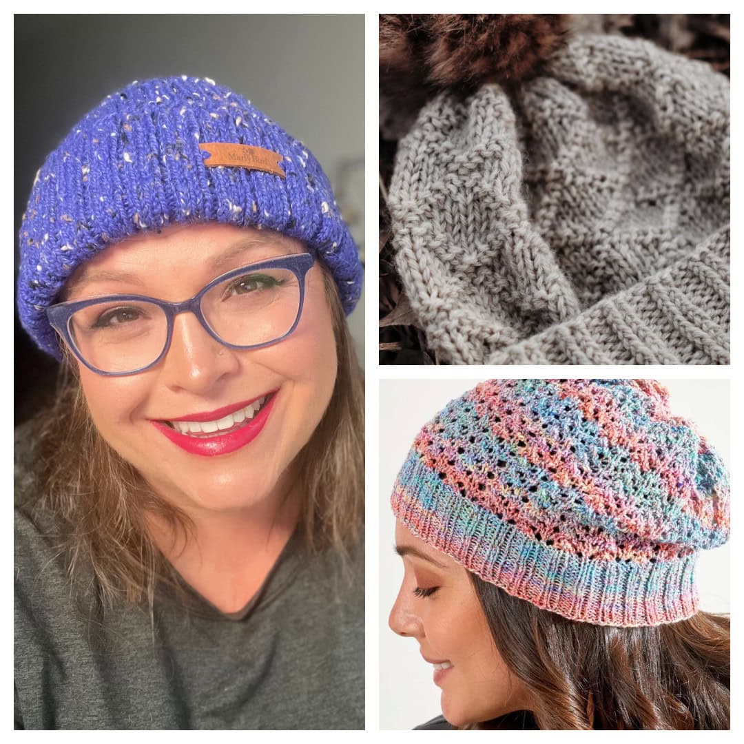 Collage of beanies: Left, a person smiling wearing a blue knit hat; Top right, close-up of a gray knit hat; Bottom right, person wearing a colorful pastel knit hat with their head turned to the side. -Marly Bird